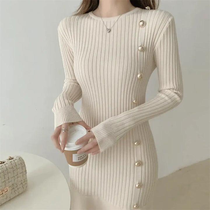 Women's Knit Winter Dress with Side Buttons & Mermaid Hem | Midi