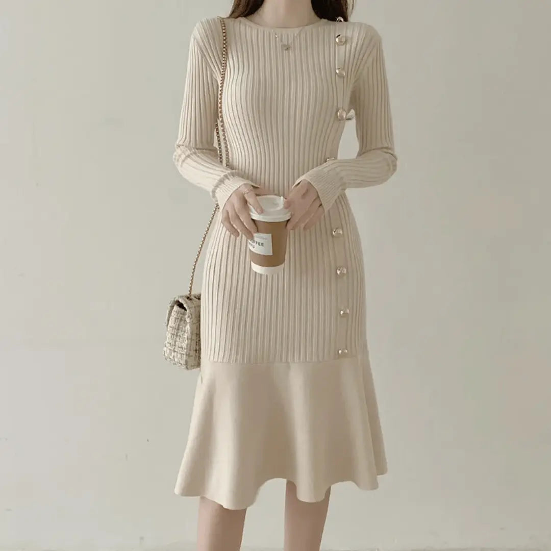Women's Knit Winter Dress with Side Buttons & Mermaid Hem | Midi