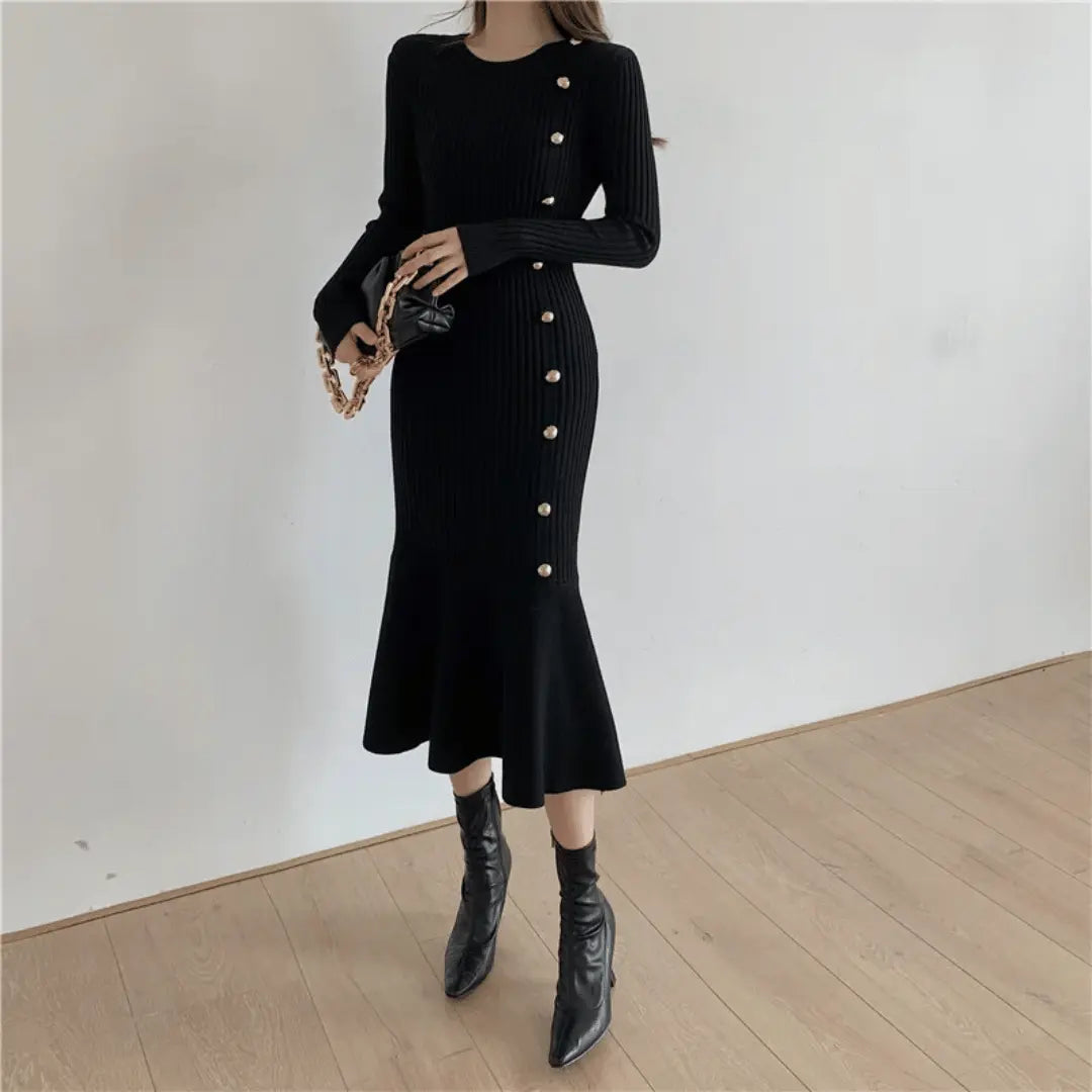 Women's Knit Winter Dress with Side Buttons & Mermaid Hem | Midi