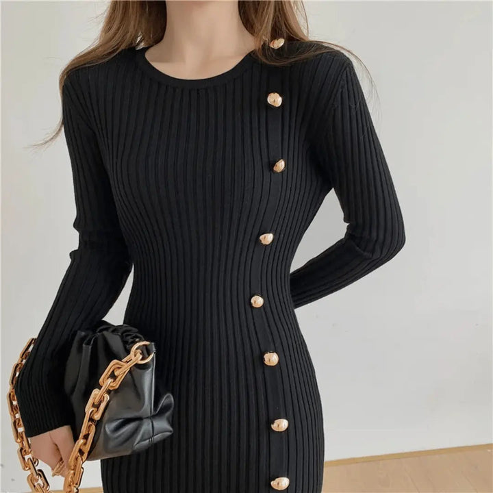 Women's Knit Winter Dress with Side Buttons & Mermaid Hem | Midi