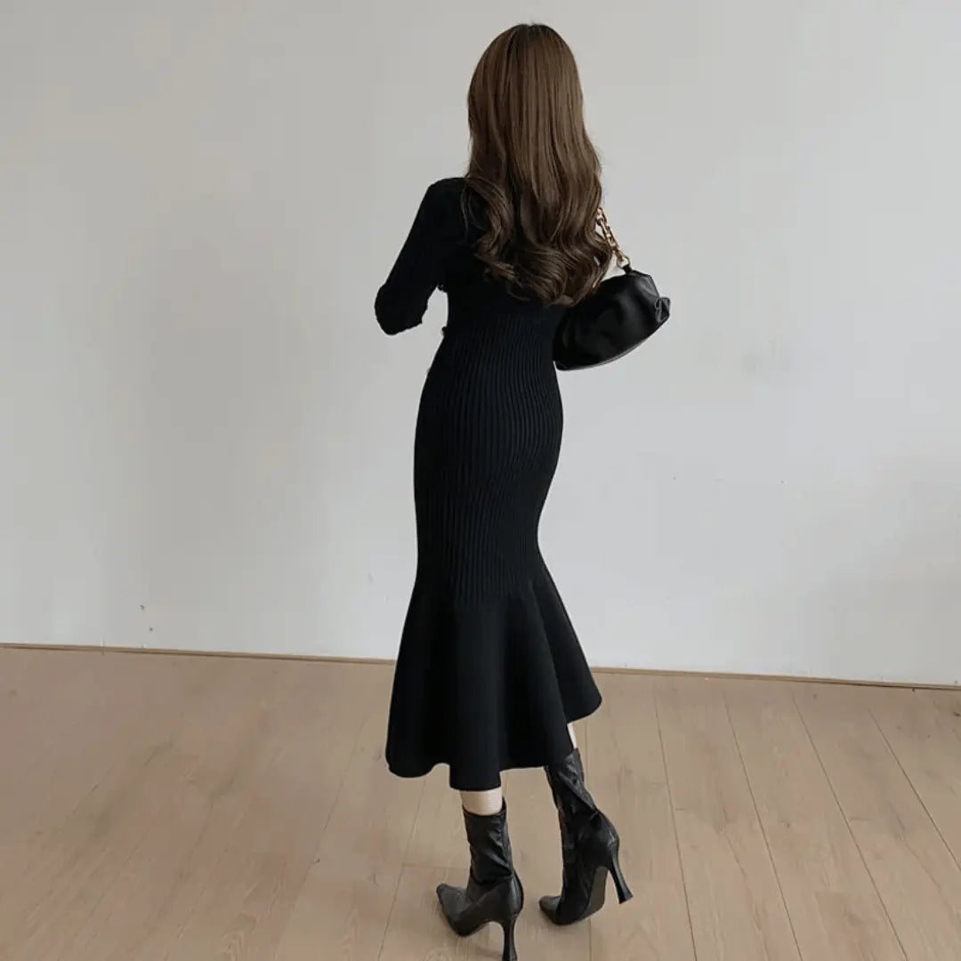 Women's Knit Winter Dress with Side Buttons & Mermaid Hem | Midi