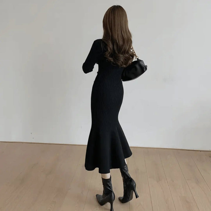 Women's Knit Winter Dress with Side Buttons & Mermaid Hem | Midi