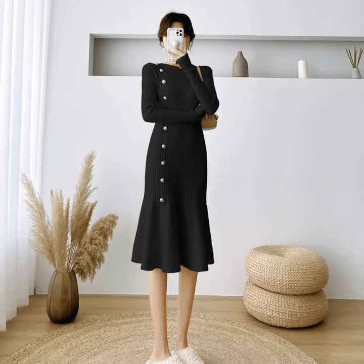 Women's Knit Winter Dress with Side Buttons & Mermaid Hem | Midi