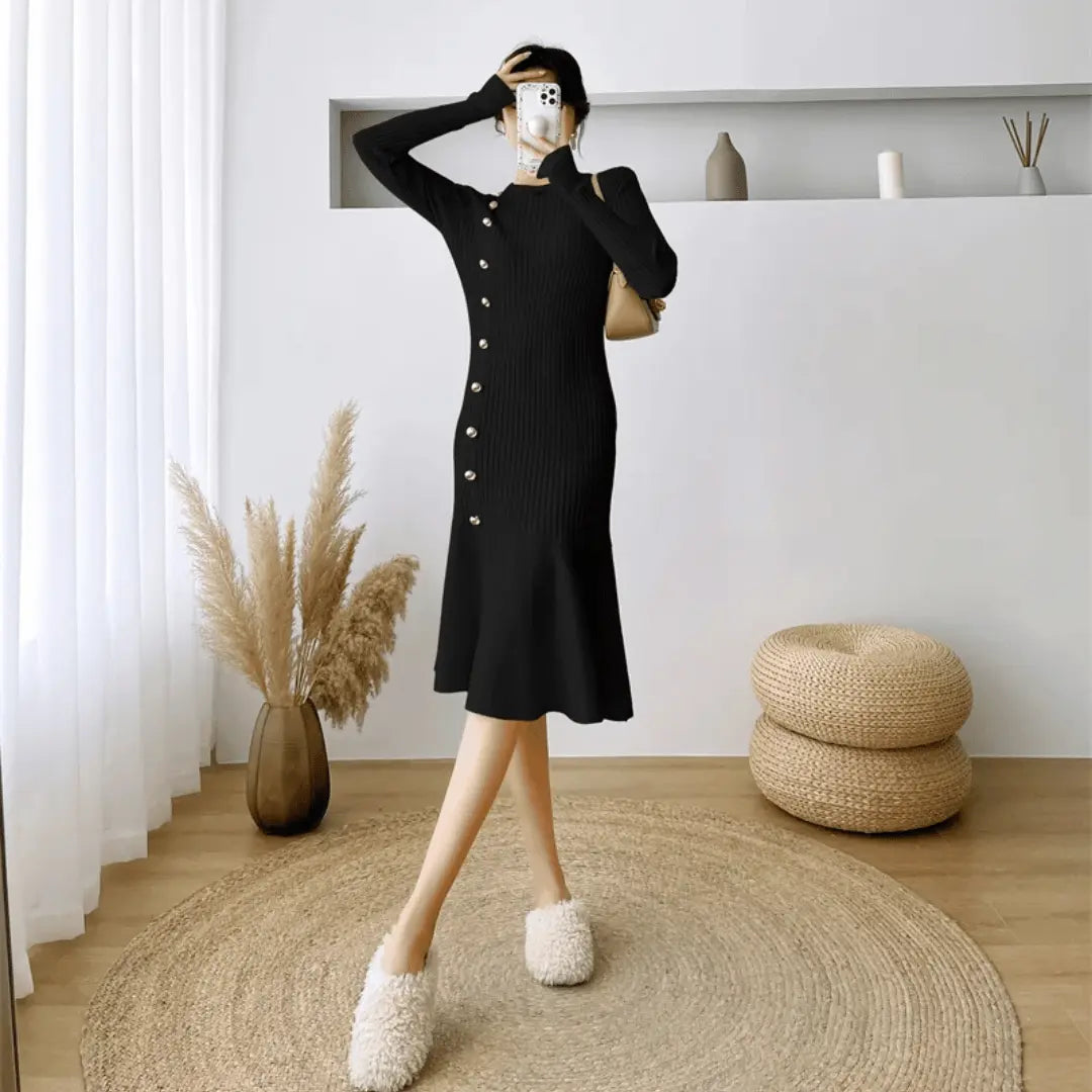 Women's Knit Winter Dress with Side Buttons & Mermaid Hem | Midi