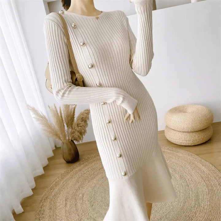 Women's Knit Winter Dress with Side Buttons & Mermaid Hem | Midi