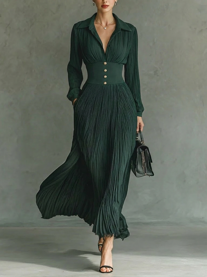 Women's Maxi Dress with Collar & Pleated Skirt | Vintage Style