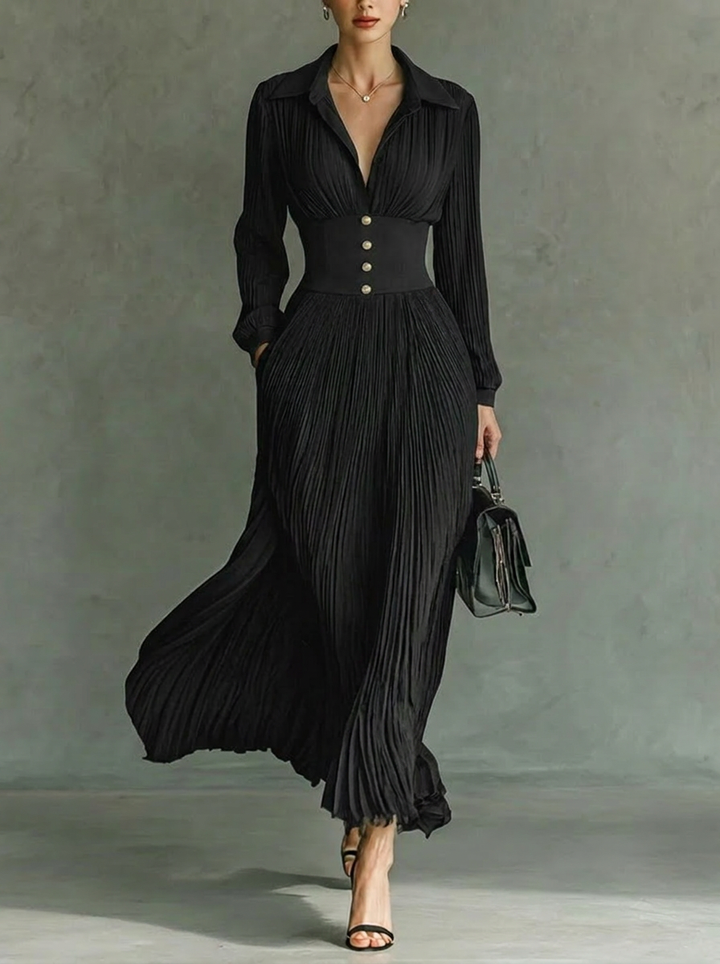 Women's Maxi Dress with Collar & Pleated Skirt | Vintage Style