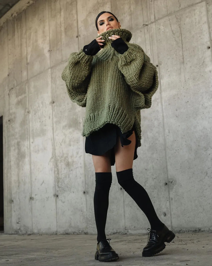 Women's Mini Winter Dress with Chunky Knit & Turtleneck | Oversized