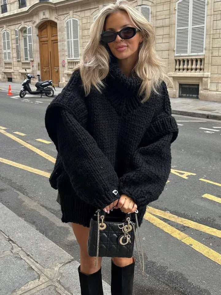 Women's Mini Winter Dress with Chunky Knit & Turtleneck | Oversized