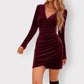 Women's velvet party long-sleeve mini dress with V-neck and ruched wrap-front