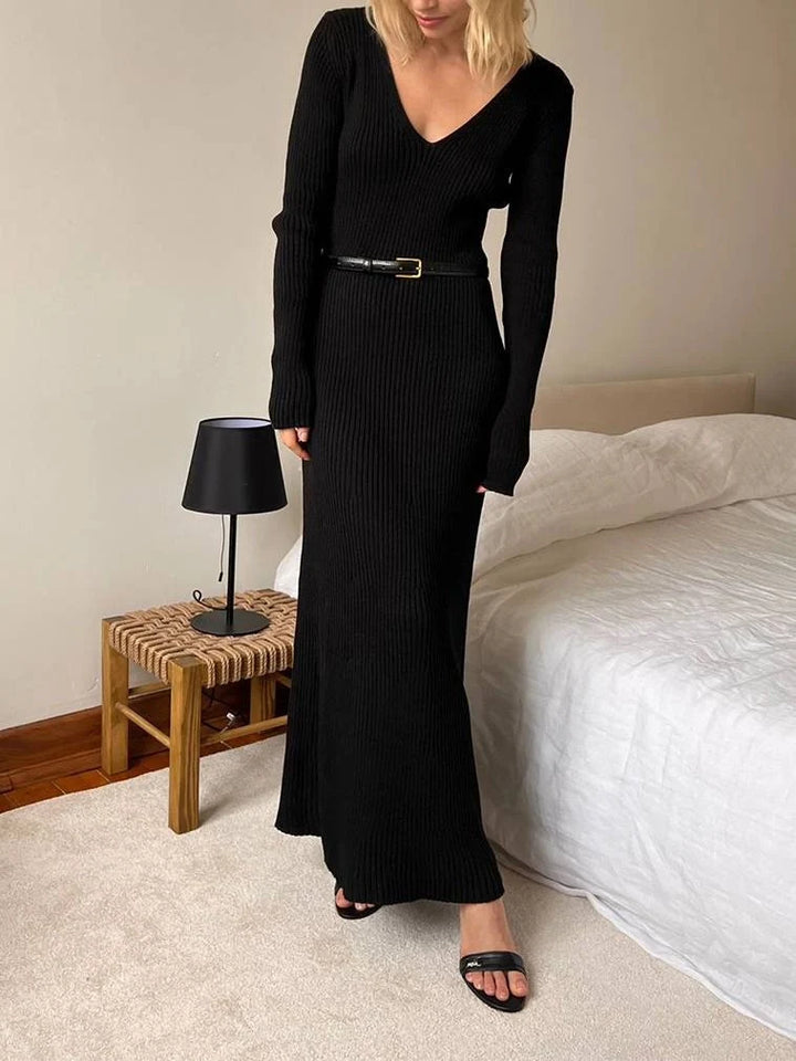 Women's Winter Dress Knit Ribbed Long Sleeve & V-Neck | Maxi
