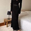 Women's Winter Dress Knit Ribbed Long Sleeve & V-Neck | Maxi