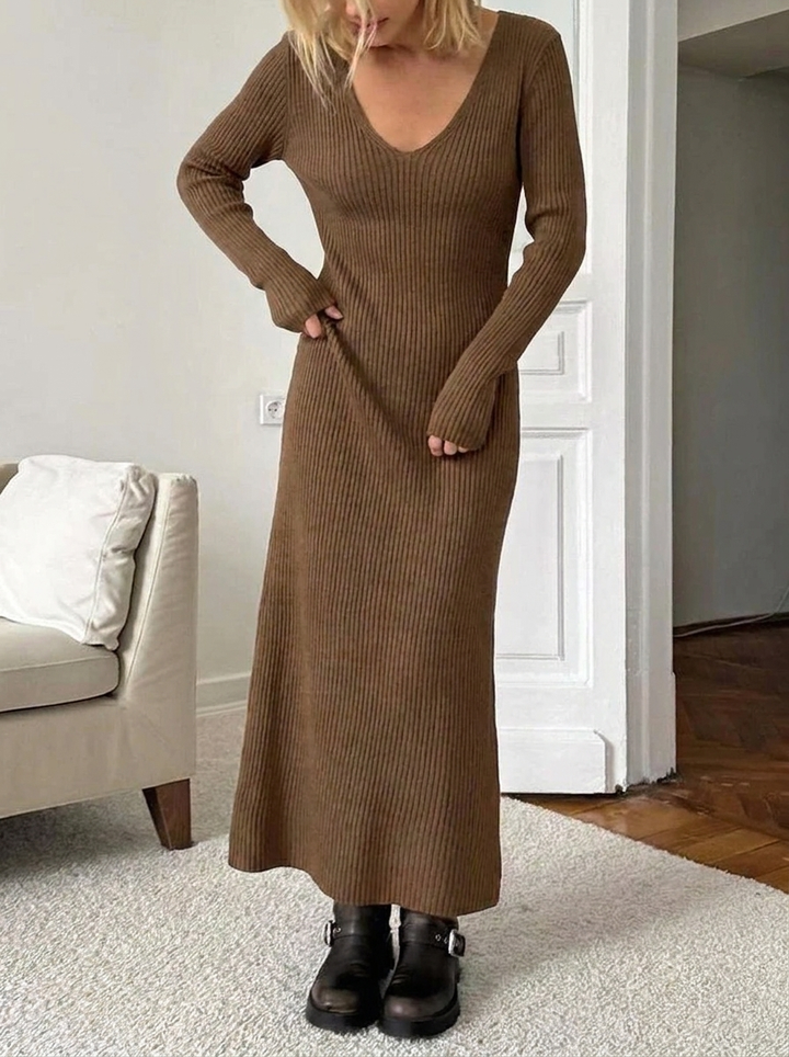 Women's Winter Dress Knit Ribbed Long Sleeve & V-Neck | Maxi