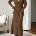 Women's Winter Dress Knit Ribbed Long Sleeve & V-Neck | Maxi