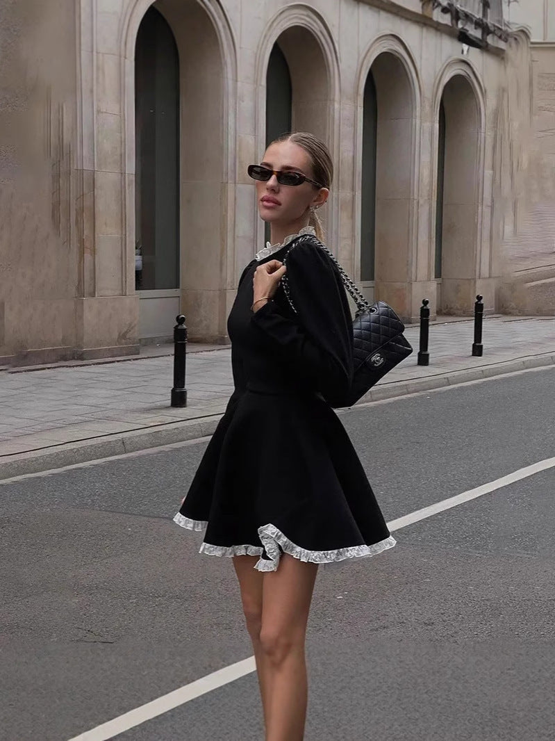 Women's Winter Dress with Long Sleeve & A-Line Ruffle Trim | Mini
