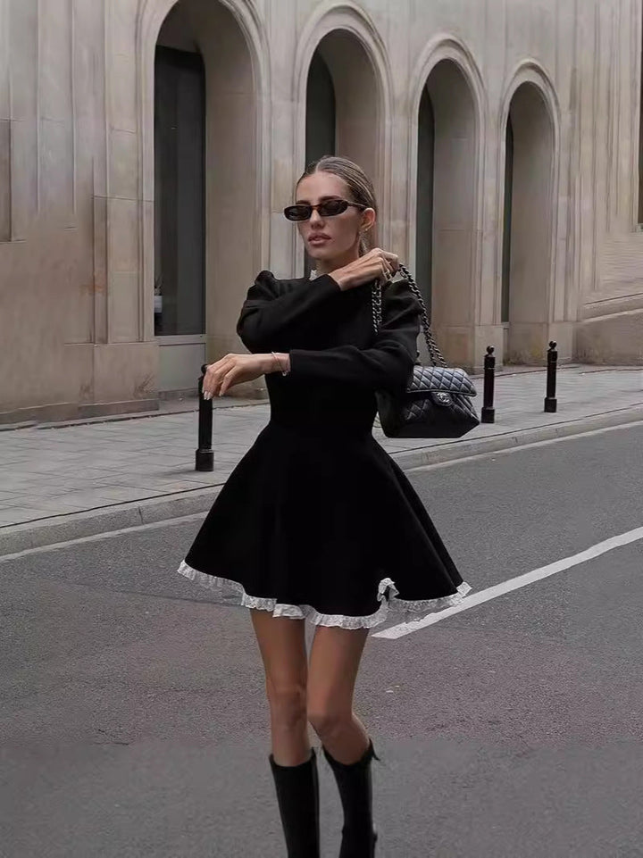 Women's Winter Dress with Long Sleeve & A-Line Ruffle Trim | Mini