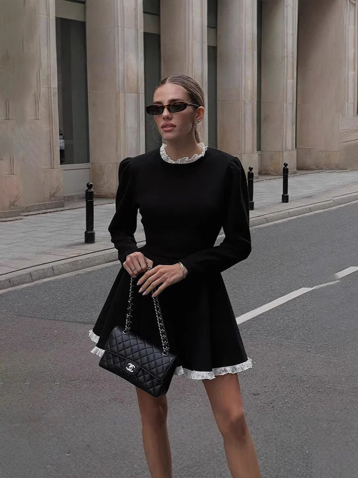 Women's Winter Dress with Long Sleeve & A-Line Ruffle Trim | Mini