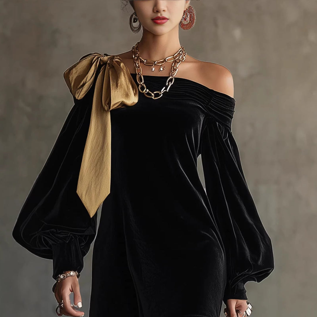 Women's Winter Dress with Off Shoulder & Bow | Long Sleeve