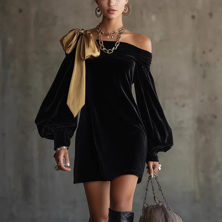Women's Winter Dress with Off Shoulder & Bow | Long Sleeve