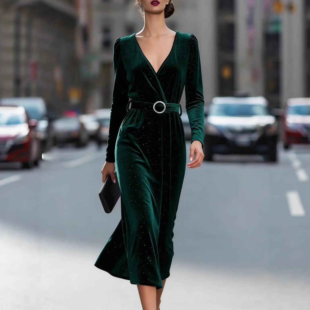 Women's Winter Dress with V-Neck & Belt | Long Sleeve