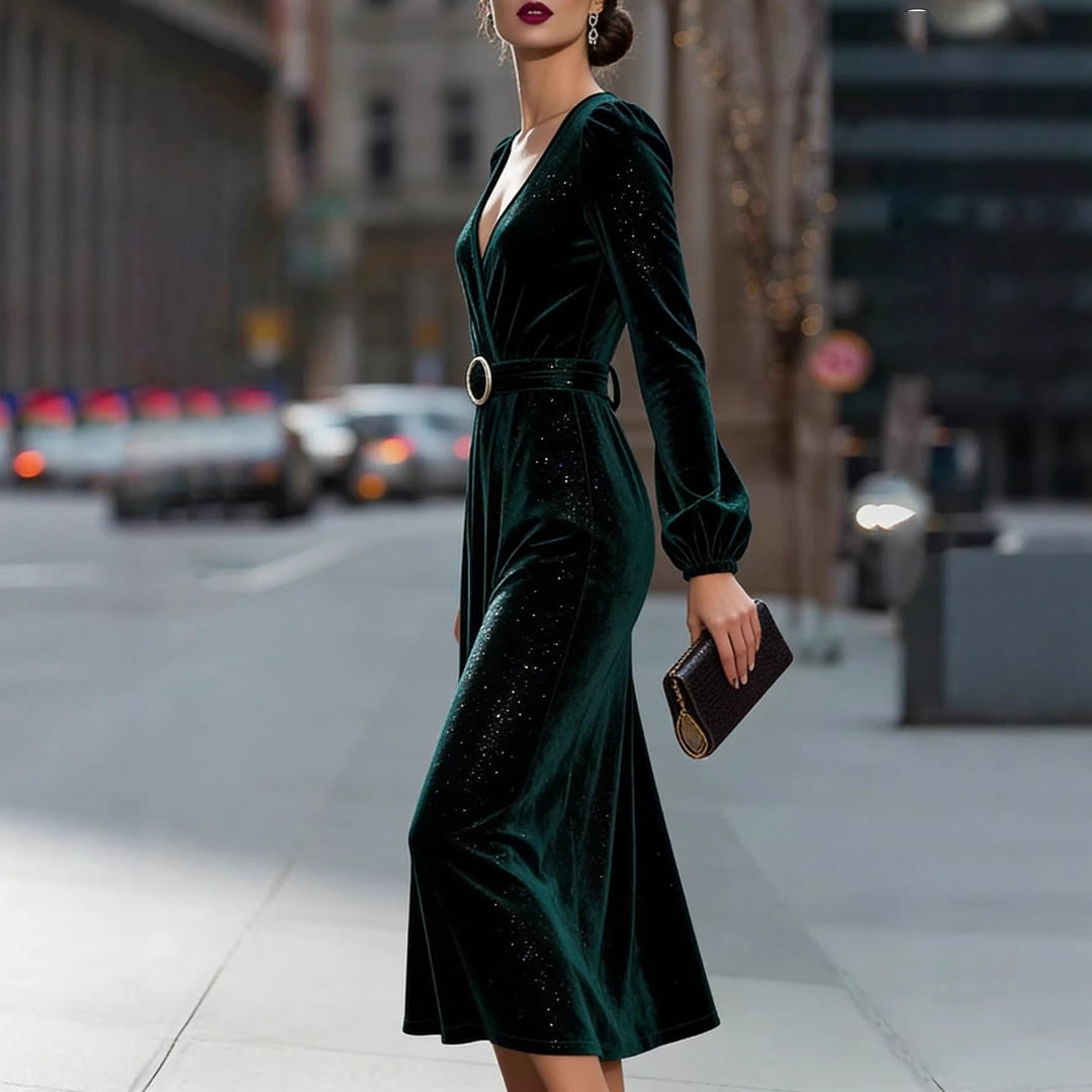 Women's Winter Dress with V-Neck & Belt | Long Sleeve