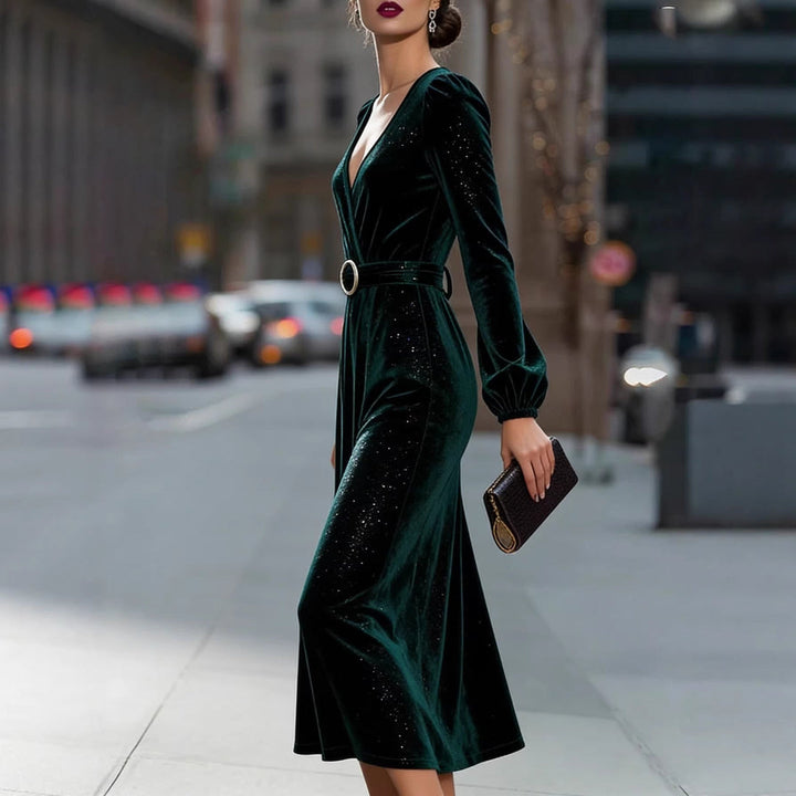 Women's Winter Dress with V-Neck & Belt | Long Sleeve