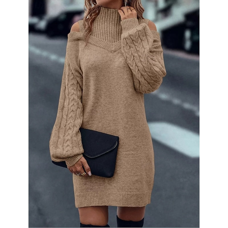 Women's Sweater Dress | Cold-Shoulder Turtleneck Knit