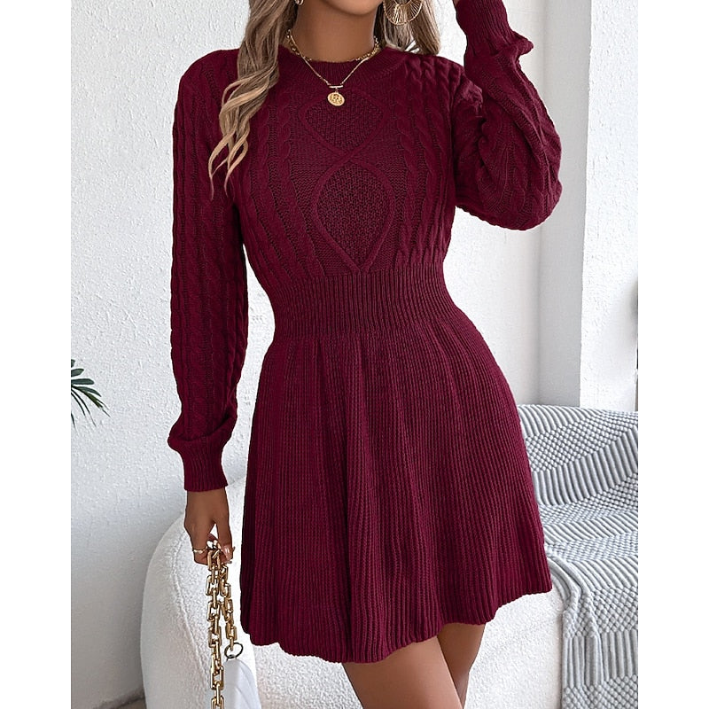Women's Sweater Dress | Midi Cable-Knit Crew Neck Long Sleeve